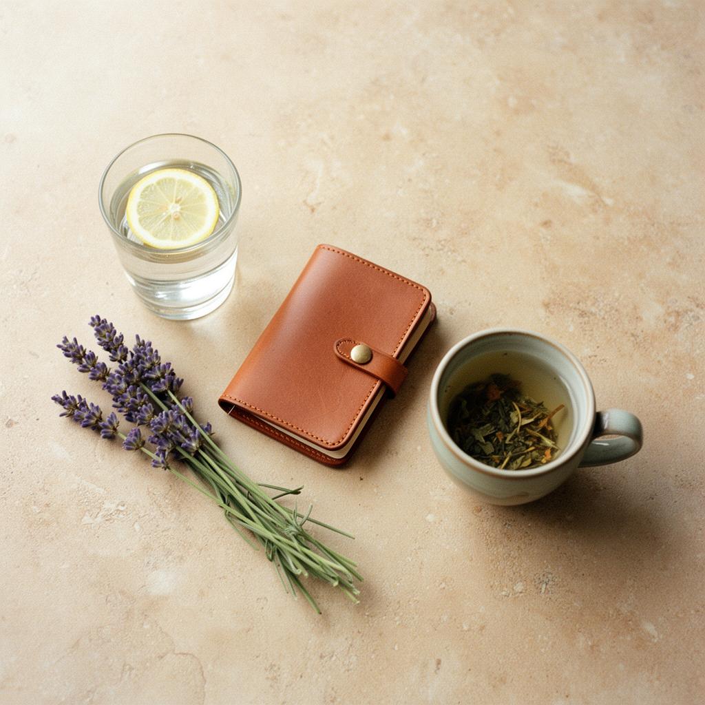 Morning ritual: water, journal, lavender, and herbal tea on a stone surface